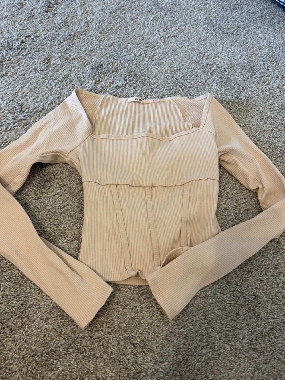 miami Cream Ribbed Square-Neck Long Sleeve Top